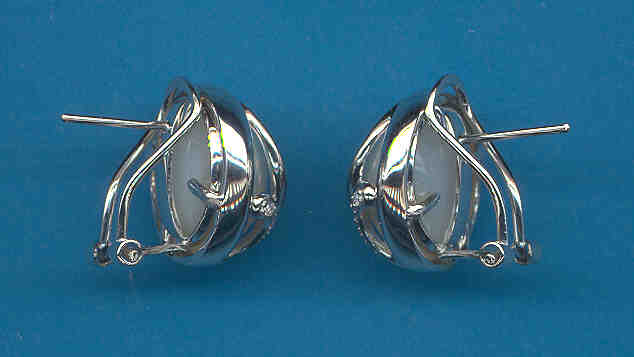 13MM Japanese Mabe Pearl Earrings w/Diamond, 14K White Gold w/Omega Clip