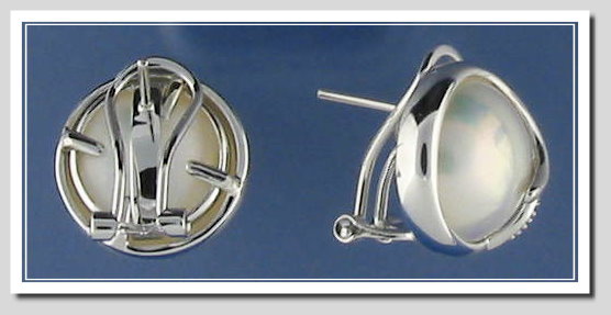13MM Japanese Mabe Pearl Earrings w/Diamond, 14K White Gold w/Omega Clip