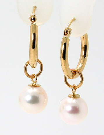 7.5-8MM White Japanese Akoya Pearl Charm Hoop Earrings, 14K Yellow Gold