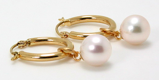7.5-8MM White Japanese Akoya Pearl Charm Hoop Earrings, 14K Yellow Gold
