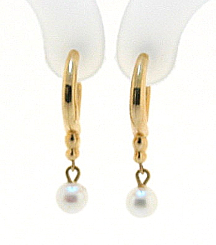 5MM White Freshwater Pearl Dangle Earrings, 14K Yellow Gold