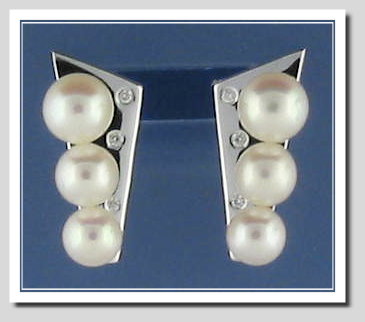 Three Cultured Pearl Earrings w/Diamonds, 18K White gold