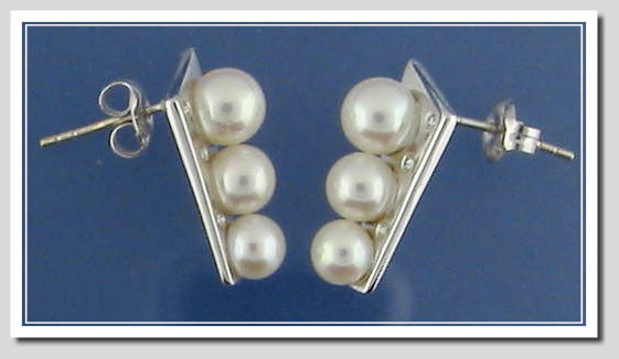 Three Cultured Pearl Earrings w/Diamonds, 18K White gold