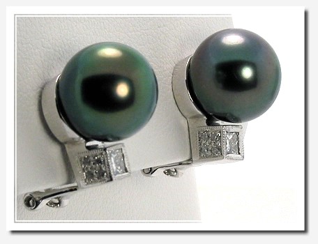 10.55MM Black Tahitian Pearl Earrings w/0.34 Ct. Diamonds, 18K White Gold w/Omega Clip