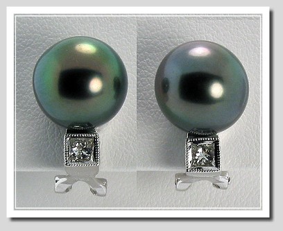 10.55MM Black Tahitian Pearl Earrings w/0.34 Ct. Diamonds, 18K White Gold w/Omega Clip