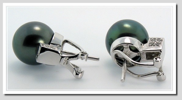 10.55MM Black Tahitian Pearl Earrings w/0.34 Ct. Diamonds, 18K White Gold w/Omega Clip