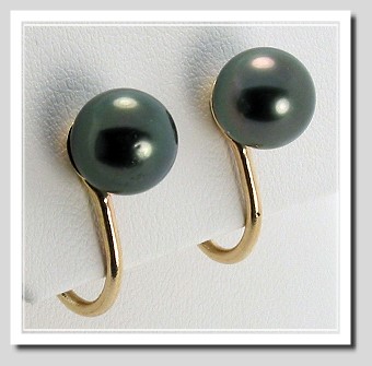 8.1MM Black Tahitian Pearl Earrings 14K Yellow Gold Clip On
