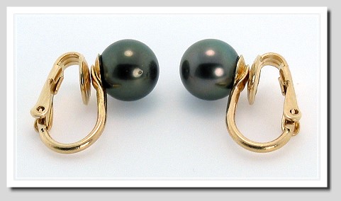 8.1MM Black Tahitian Pearl Earrings 14K Yellow Gold Clip On