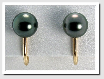 8.1MM Black Tahitian Pearl Earrings 14K Yellow Gold Clip On