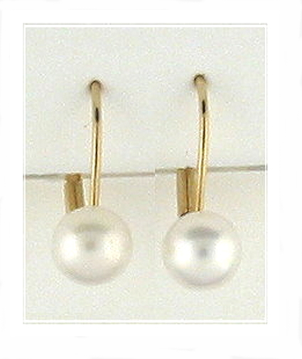 7-7.5MM White Akoya Pearl Leverback Earrings 14K Gold (Yellow or White)