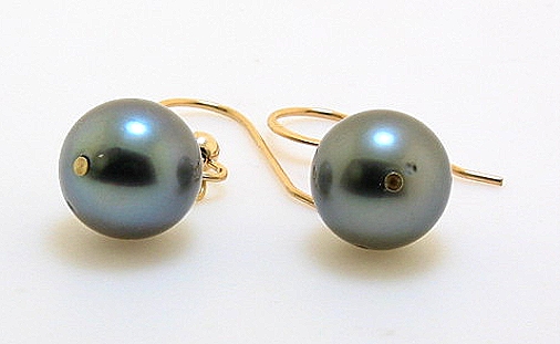 9.5MM Gray Tahitian Pearl Dangle Earrings, 14K Yellow Gold French Wires