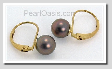 6-6.5MM Black Akoya Pearl Earrings 14K Yellow Gold Leverbacks