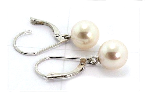 AAA 8-8.5MM White Akoya Pearl Dangle Earrings 14K White Gold Leverbacks