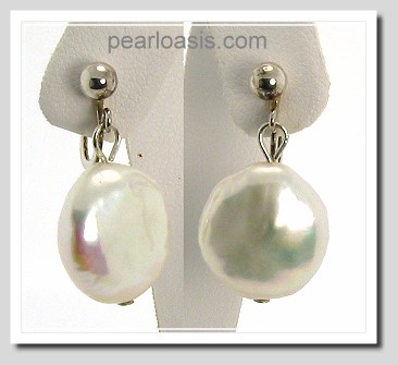 14.5MM Freshwater Coin Pearl Screw On Earrings Silver