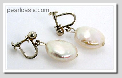 14.5MM Freshwater Coin Pearl Screw On Earrings Silver