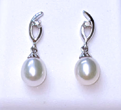 6X7MM White Freshwater Pearl Diamond Earrings, 14K White Gold