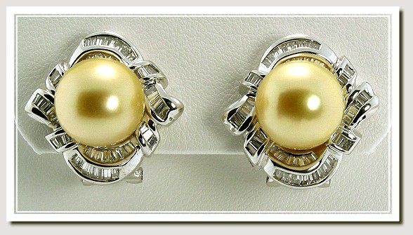 11MM Golden South Sea Pearl Pendant Earrings w/1.09 Ct. Diamonds, 18K White Gold w/Omega Clip