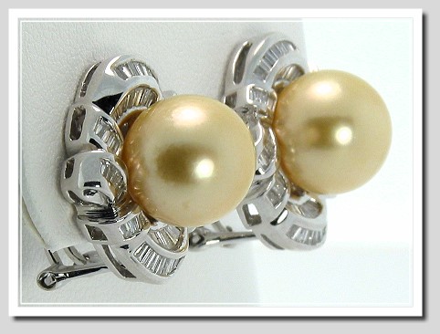 11MM Golden South Sea Pearl Pendant Earrings w/1.09 Ct. Diamonds, 18K White Gold w/Omega Clip