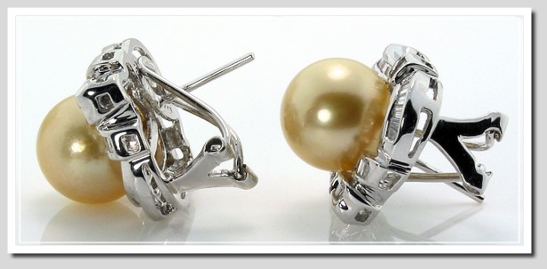 11MM Golden South Sea Pearl Pendant Earrings w/1.09 Ct. Diamonds, 18K White Gold w/Omega Clip