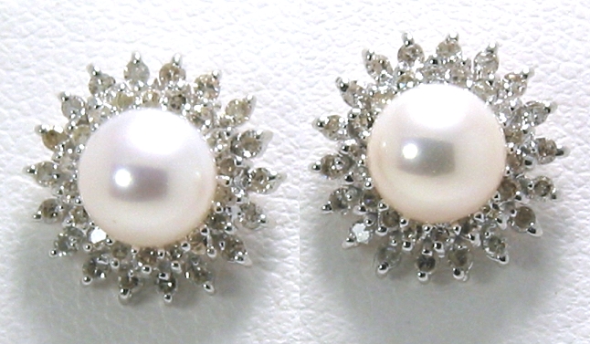 6.5-7MM White Cultured Pearl Earrings w/Double Row Diamonds 14K White Gold