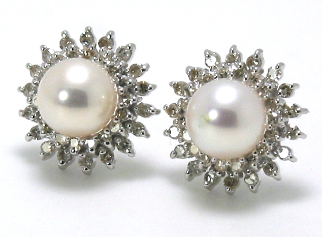 6.5-7MM White Cultured Pearl Earrings w/Double Row Diamonds 14K White Gold
