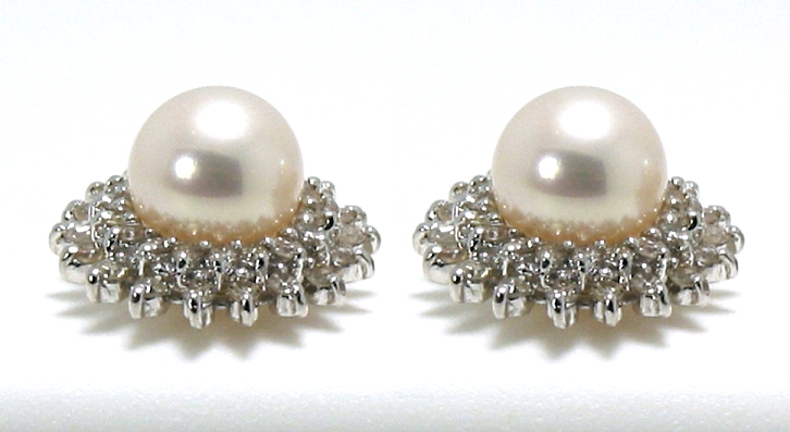 6.5-7MM White Cultured Pearl Earrings w/Double Row Diamonds 14K White Gold