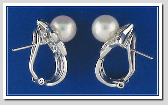 8.1MM White Akoya Cultured Pearl Diamond Earrings w/Omega Clip 14K White Gold