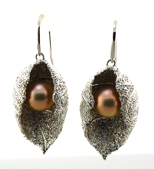 9MM Metallic Golden Freshwater Pearl Leaf Dangle Earrings, Silver