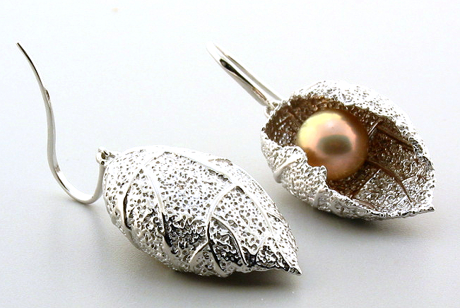 9MM Metallic Golden Freshwater Pearl Leaf Dangle Earrings, Silver