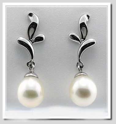 7X8MM White FW Pearl Dangle Earrings Screw On 14K White Gold