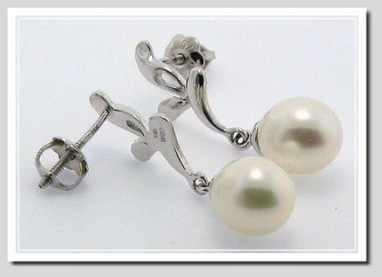 7X8MM White FW Pearl Dangle Earrings Screw On 14K White Gold