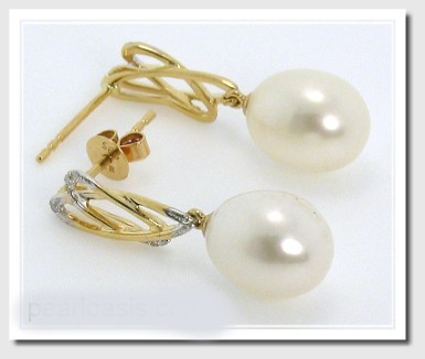 8X10Mm White FW Pearl Diamond Dangle Earring 14K Yellow Gold