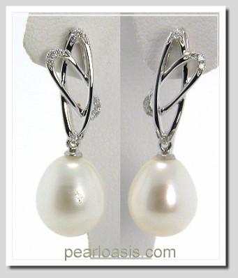8X10MM White FW Pearl Diamond Dangle Earring 14K White Gold