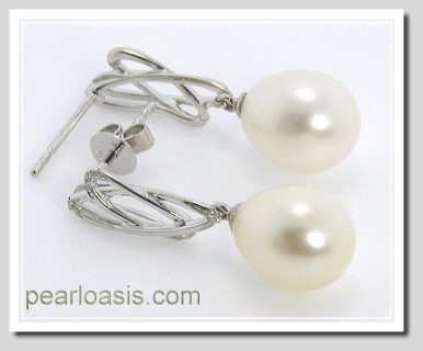 8X10MM White FW Pearl Diamond Dangle Earring 14K White Gold