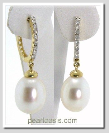 8X10Mm White FW Pearl Diamond Hinge Hoop Earring 14K Yellow Gold