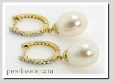 8X10Mm White FW Pearl Diamond Hinge Hoop Earring 14K Yellow Gold