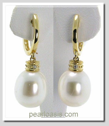8X10Mm White FW Pearl Diamond Hinge Hoop Earring 14K Yellow Gold
