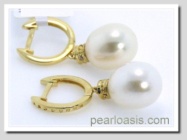 8X10Mm White FW Pearl Diamond Hinge Hoop Earring 14K Yellow Gold