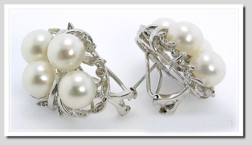 Multi White FW Pearl Diamond Earring 14K White Gold Omega Clip