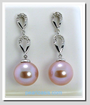 AAA 9-9.5MM Pink/Lavender FW Pearl & Diamond Earrings 14K White Gold