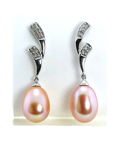 AAA 7X9MM Pink FW Pearl & Diamond Earrings 14K White Gold