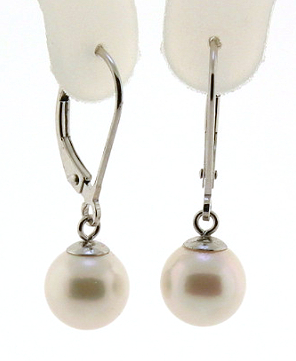 AAA Grade 7.5-8MM Japanese Akoya Cultured Pearl Dangle Earrings, 14K White Gold Leverbacks