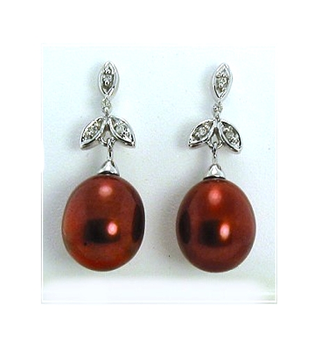 AAA 9X10MM Brown FW Pearl & Diamond Earrings 14K White Gold