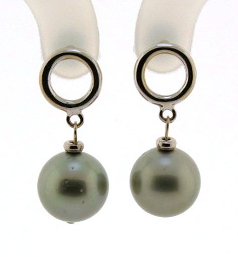 11.4MM Silver Gray Tahitian Pearl Dangle Earrings, 14K White Gold