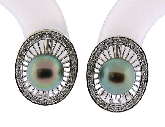 7.7MM Black Japanese Akoya Cultured Pearl Earrings w/Diamonds, 14K White Gold