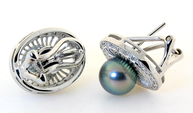 7.7MM Black Japanese Akoya Cultured Pearl Earrings w/Diamonds, 14K White Gold