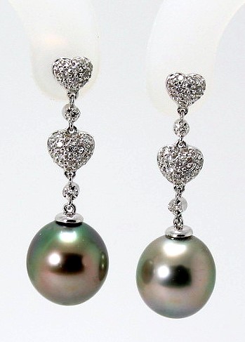 10.7MM Dark Gray Tahitian Pearl Diamond Dangle Heart Earrings;18K White Gold 