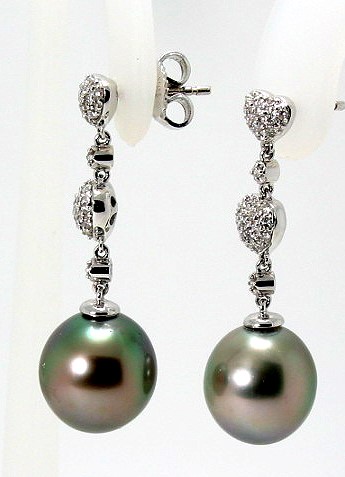 10.7MM Dark Gray Tahitian Pearl Diamond Dangle Heart Earrings;18K White Gold 