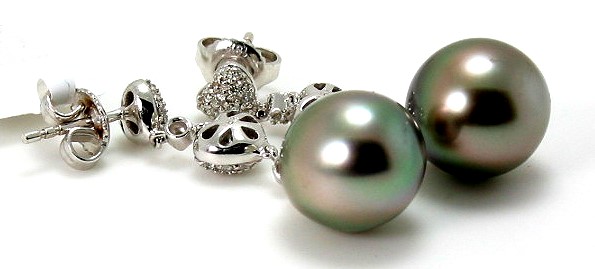 10.7MM Dark Gray Tahitian Pearl Diamond Dangle Heart Earrings;18K White Gold 
