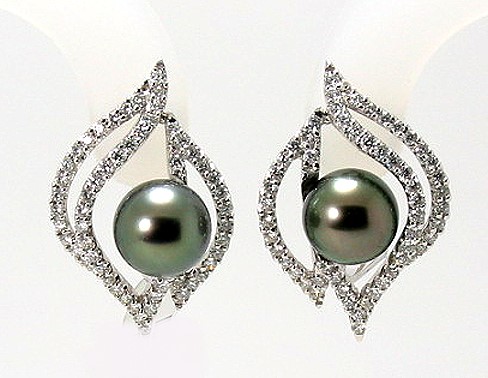 9MM Black Tahitian Pearl Diamond Omega Clip Earrings;14K White Gold; 1.10Ct. Diamonds